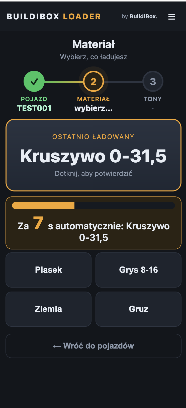 Aplikacja BuildiBox Loader – rejestracja załadunku z kabiny, wybór materiału